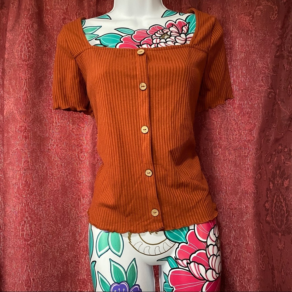 Iris Orange Ribbed Button Front Short Sleeve Top